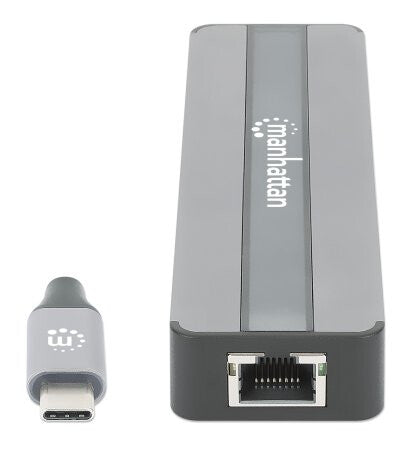 Manhattan USB-C Dock/Hub with Card Reader, Ports (x5): Ethernet, HDMI, USB-A (x2) and USB-C, With Power Delivery (87W) to USB-C Port (Note add USB-C wall charger and USB-C cable needed), All Ports can be used at the same time, Universal for all devices,