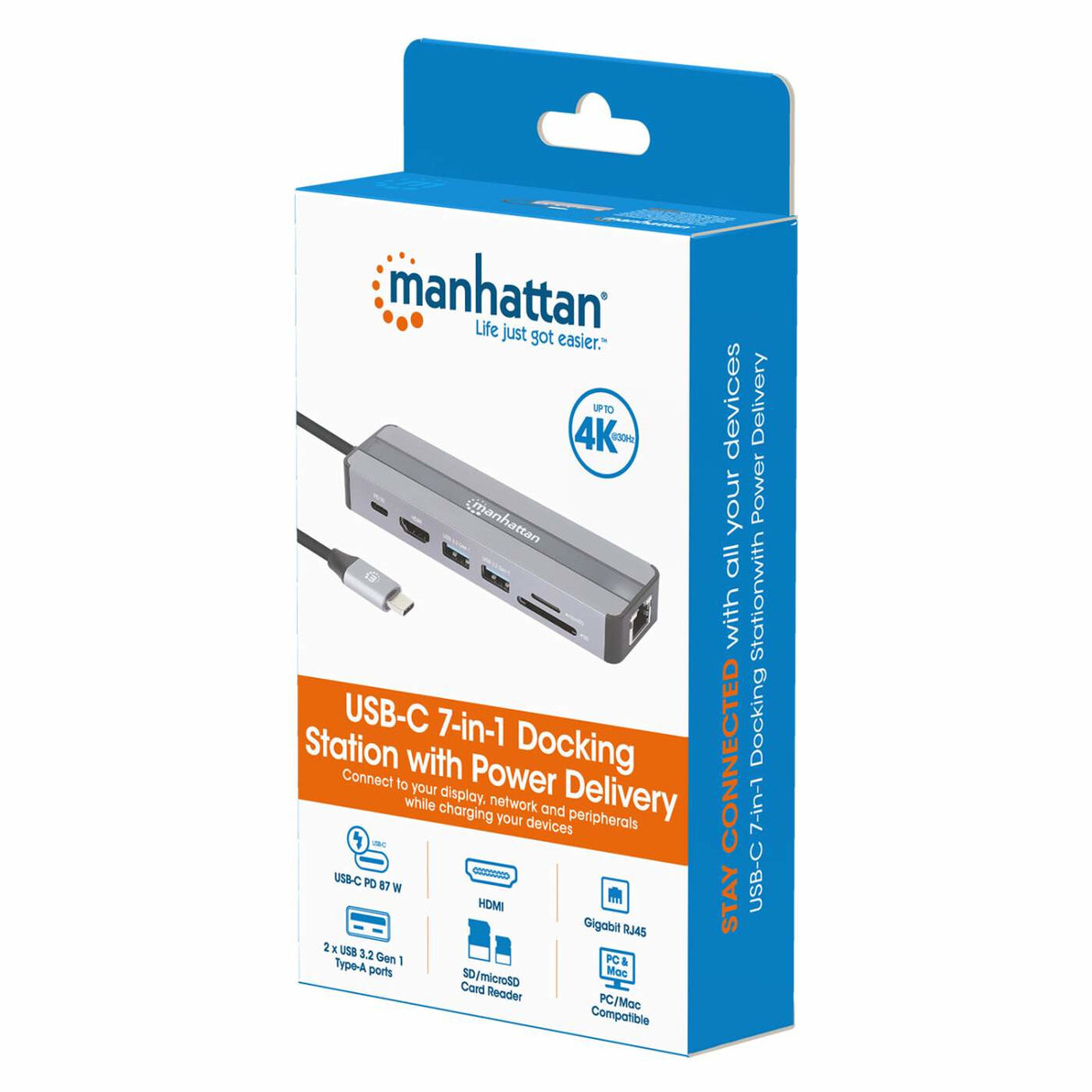 Manhattan USB-C Dock/Hub with Card Reader, Ports (x5): Ethernet, HDMI, USB-A (x2) and USB-C, With Power Delivery (87W) to USB-C Port (Note add USB-C wall charger and USB-C cable needed), All Ports can be used at the same time, Universal for all devices,