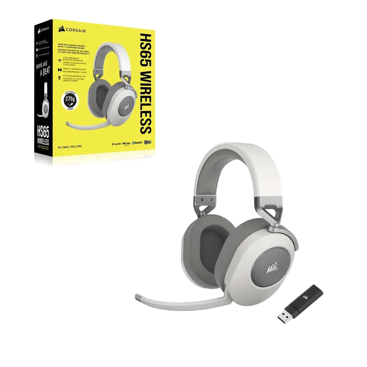 Corsair HS65 Headset Wireless Head-band Gaming Bluetooth White
