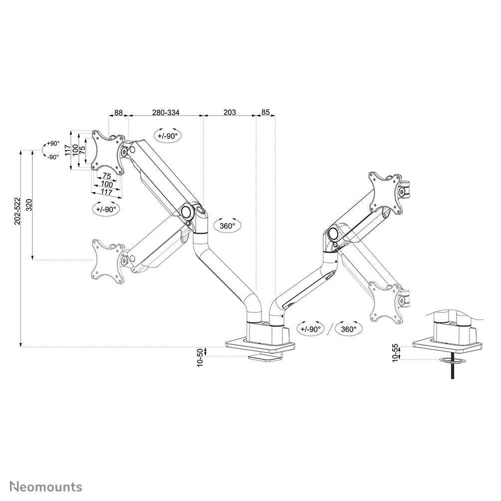 Neomounts DS70S-950BL2 Monitor arm 17-35" - gas spring - Topfix - 180°-stop