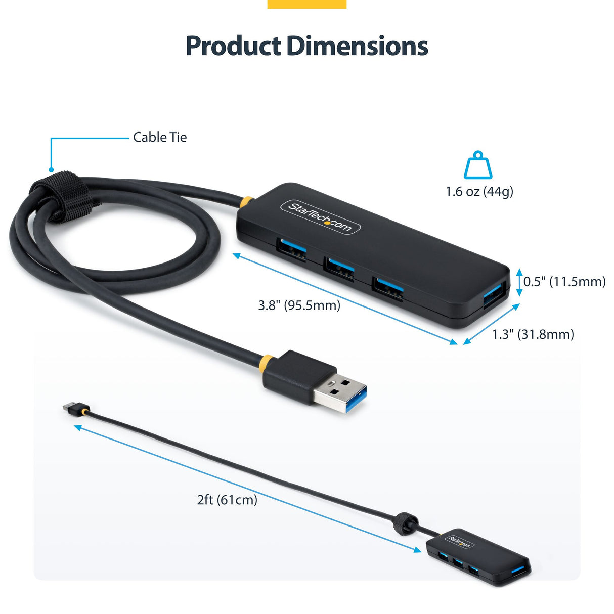 StarTech.com 4-Port USB-A Hub, 5Gbps, Bus Powered, USB-A to 4x USB-A Mini Hub, Extra Long 2ft/61cm Host Cable, PCR Plastic, Portable Desktop / Laptop USB Hub
