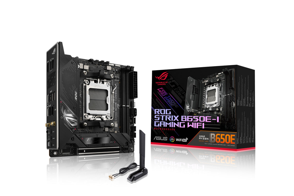 Asus ROG STRIX B650E-I GAMING WIFI, AMD B650, AM5, Mini ITX, 2 DDR5, HDMI, DP Alt Mode, Wi-Fi 6E, LAN 2,5G, PCIe5, 2x M.2