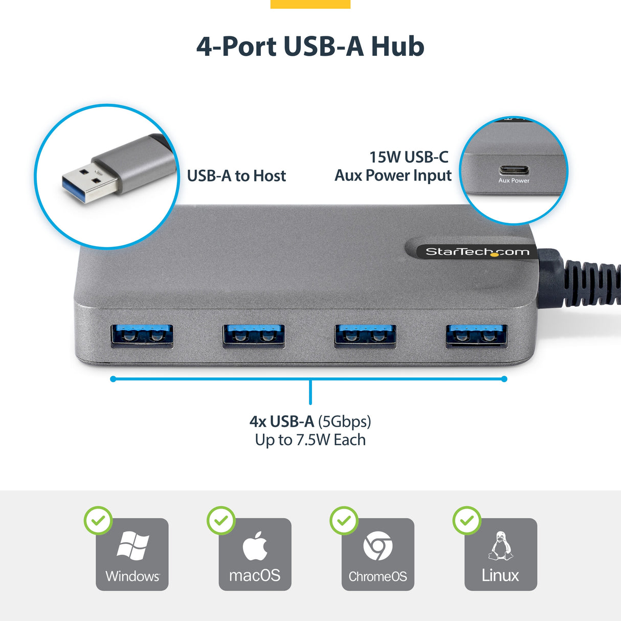StarTech.com 4-Port USB-A Hub, 5Gbps, Bus Powered, USB-A to 4x USB-A Hub with USB-C Auxiliary Power Input, 1ft/30cm Host Cable, Portable Desktop/Laptop USB Hub