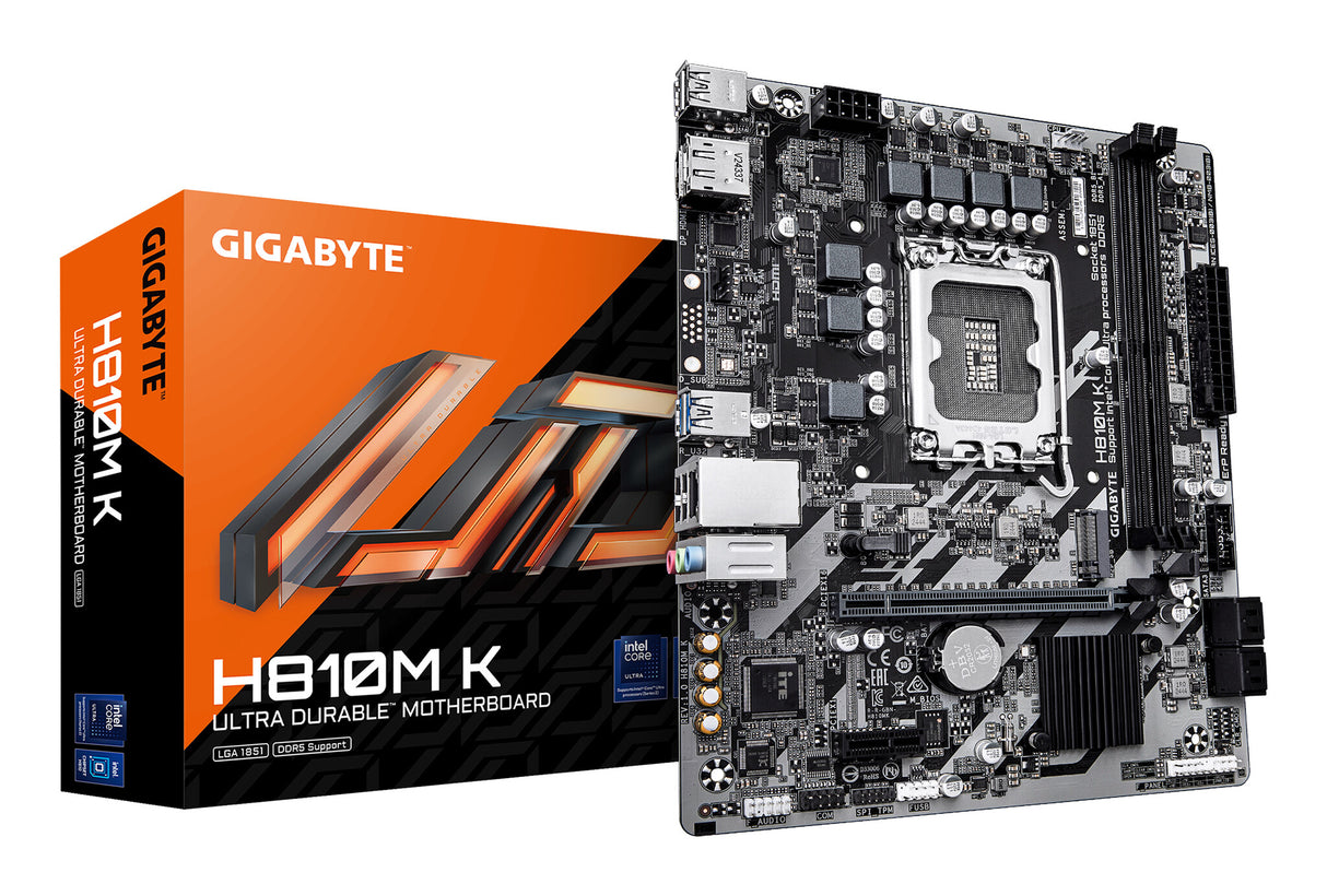 GIGABYTE H810M K Motherboard - Intel Core Ultra (Series 2) CPUs, 3+1+2 Phases VRM, up to 6400MHz DDR5, 1xPCIe 4.0 M.2, 1GbE LAN, USB 3.2 Gen 1