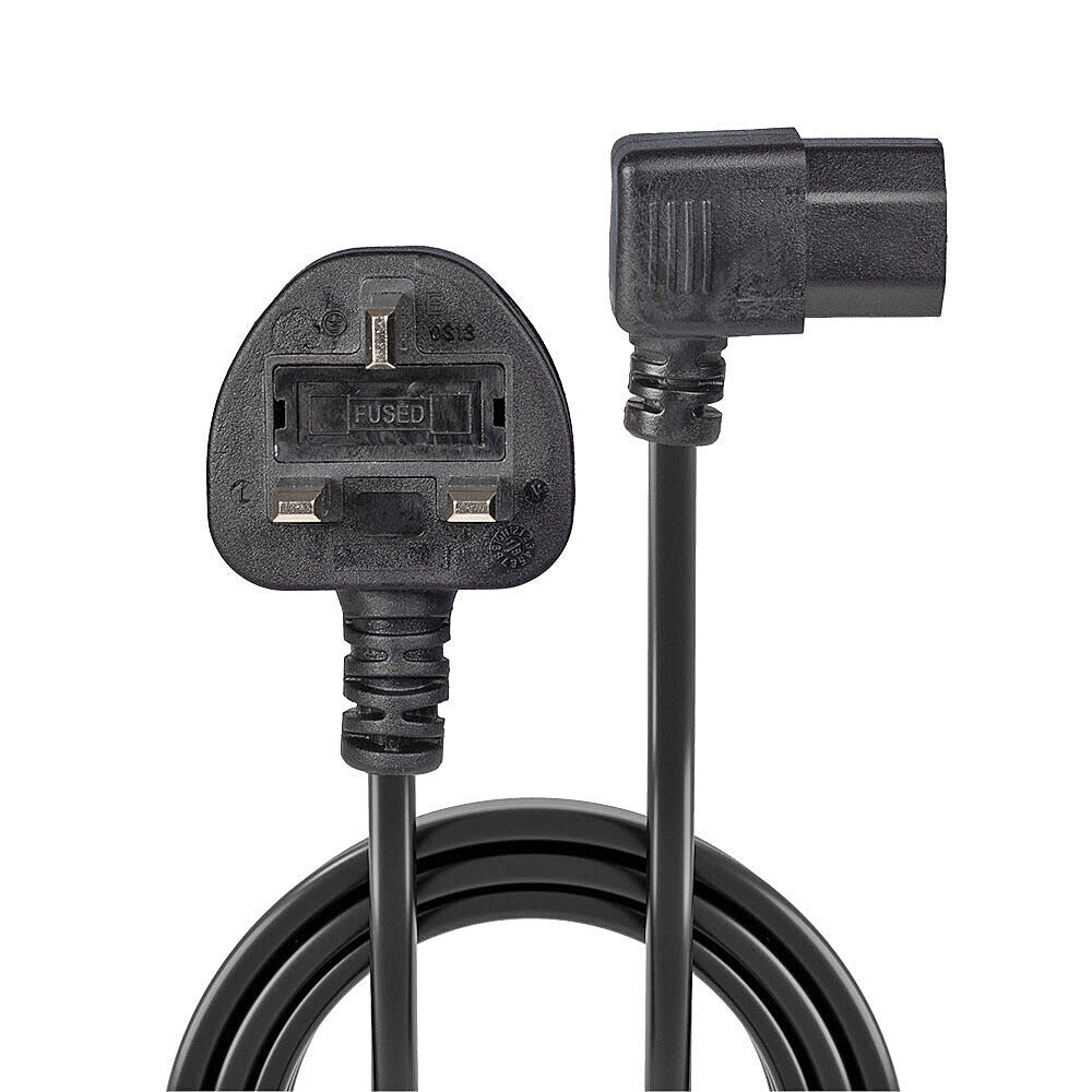 Lindy 1m UK 3 Pin Plug to Right Angled IEC C13 Mains Power Cable, Black