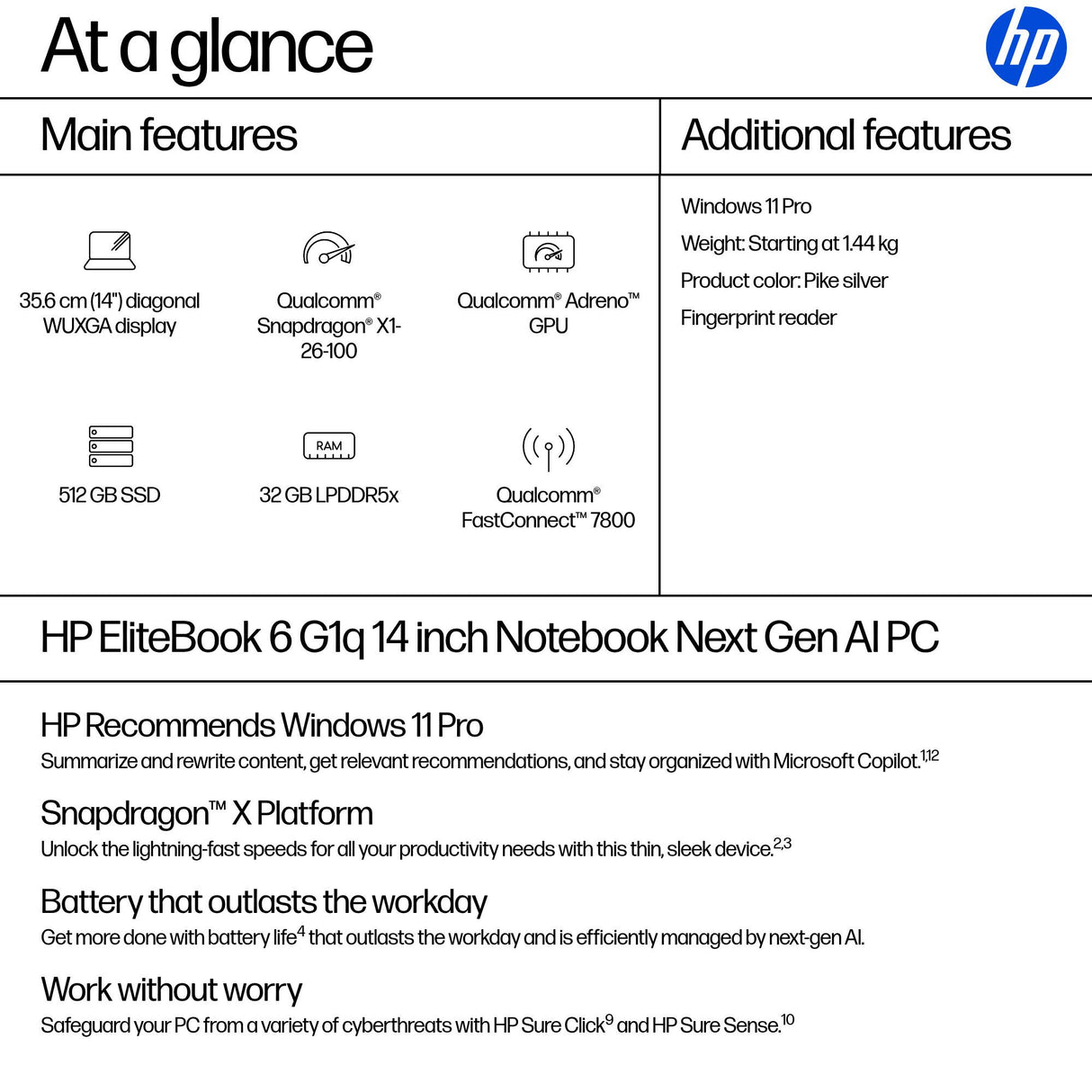HP EliteBook 6 G1q 14 inch Notebook Next Gen AI PC Copilot+ PC Qualcomm Snapdragon X1-26-100 Laptop 35.6 cm (14") WUXGA 32 GB LPDDR5x-SDRAM 512 GB SSD Wi-Fi 7 (802.11be) Windows 11 Pro
