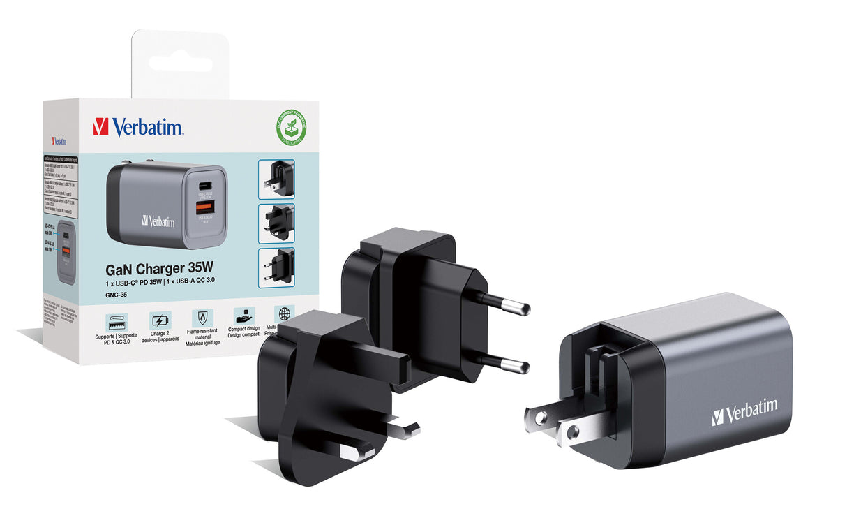 Verbatim GNC-35 GaN Charger 35W with 1 x USB-C PD 35W / 1 x USB-A QC 3.0 (EU/UK/US)