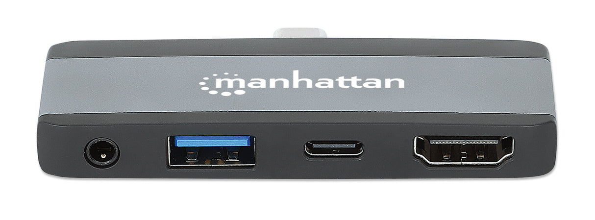 Manhattan USB-C Travel Dock/Hub, Ports (x4): HDMI, USB-A, USB-C and 3.5mm audio, With Power Delivery (100W) to USB-C Port, Black/Space Grey, External Power Supply Not Needed, All Ports can be used at the same time, Universal for all devices, Three Year Wa