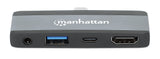 Manhattan USB-C Travel Dock/Hub, Ports (x4): HDMI, USB-A, USB-C and 3.5mm audio, With Power Delivery (100W) to USB-C Port, Black/Space Grey, External Power Supply Not Needed, All Ports can be used at the same time, Universal for all devices, Three Year Wa
