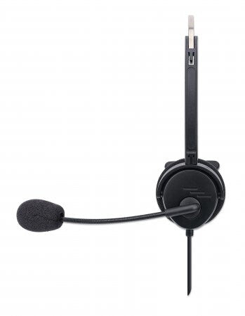 Manhattan Mono On-Ear Headset (USB), Microphone Boom (padded), Polybag Packaging, Adjustable Headband, In-Line Volume Control, Ear Cushion, USB-A for both sound and mic use, cable 1.5m, Three Year Warranty