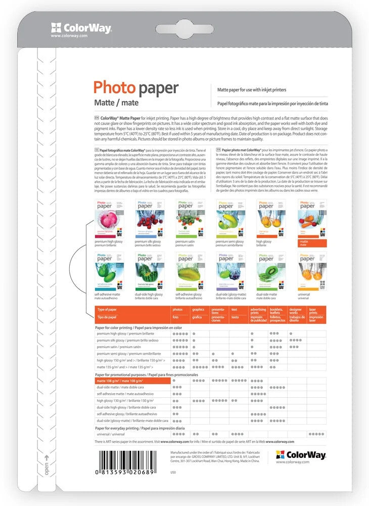 Colorway PM1900504R photo paper A6 Multicolour Matt