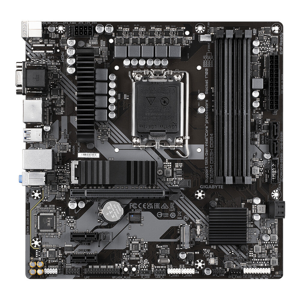 Placa base Gigabyte B760M DS3H DDR4, Intel Socket 1700, 12.ª/13.ª generación, 1x PCIe 4.0 x16, 2 x PCIe 4.0 M.2, Micro ATX, USB tipo C, LAN 2,5 GbE, HDMI, DisplayPort, Smart Fan 6, Q- Flash Plus