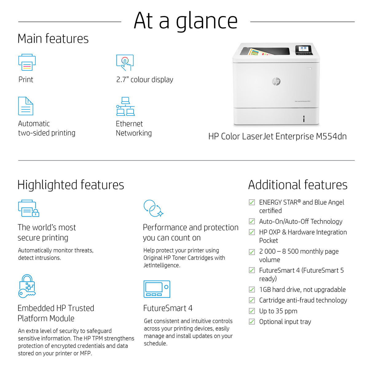 HP Color LaserJet Enterprise LaserJet Enterprise M554dn Color Printer, Ethernet Only; Duplex