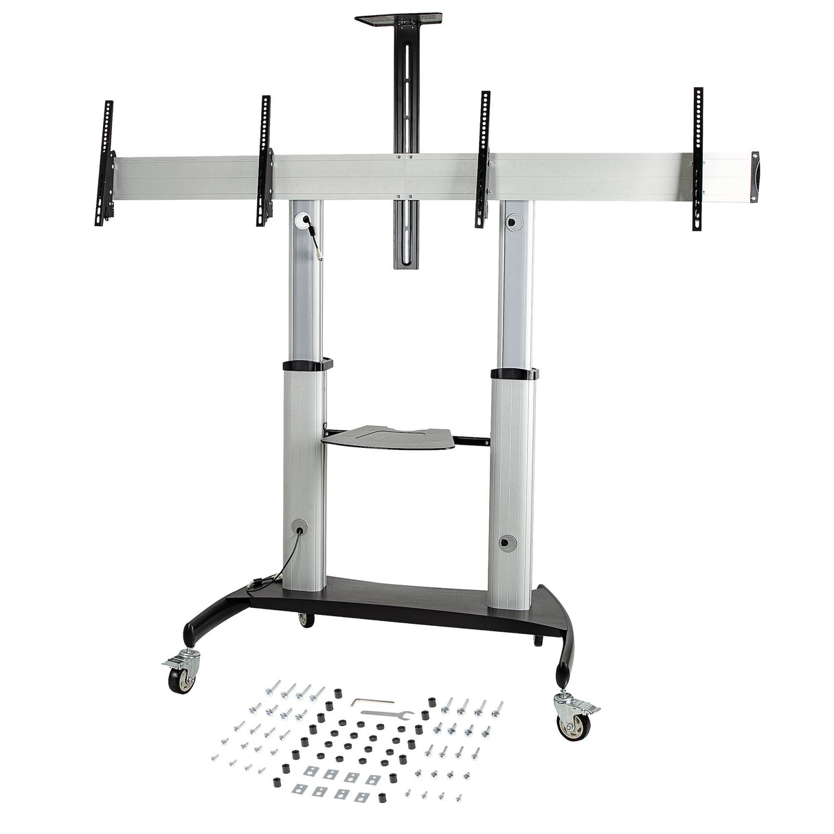 StarTech.com Dual TV Cart for 37-60in VESA TVs up to 110lb/50kg each - Height Adjustable TV Mount, Mobile Display Cart w/ Equipment Shelves - Rolling TV Cart on Wheels - Rolling TV Stand