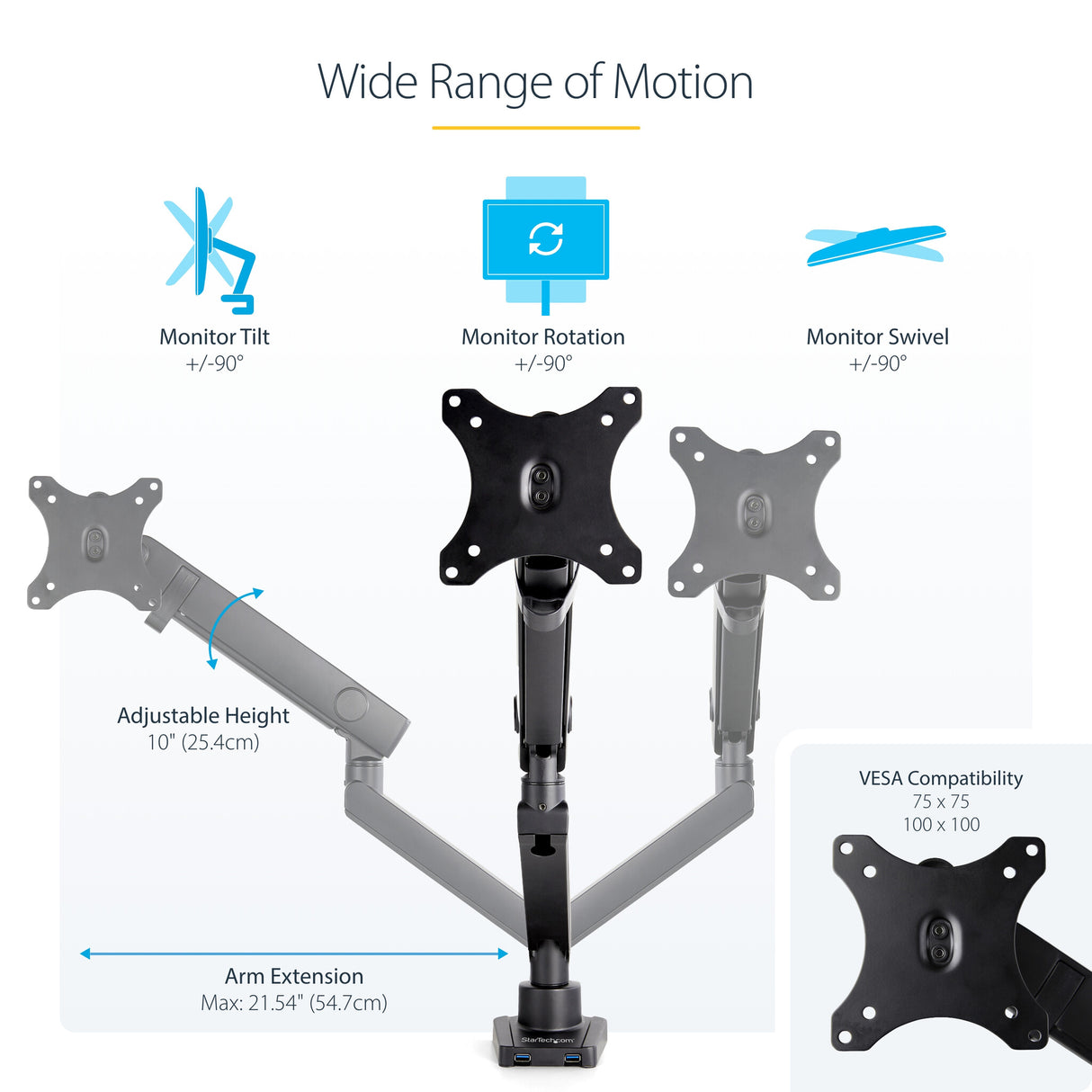 StarTech.com Desk Mount Monitor Arm with 2x USB 3.0 ports, Slim Full Motion Single Monitor Mount, up to 34" (17.6lb/8kg) VESA Display, Clamp/Grommet Mount, Mechanical Spring
