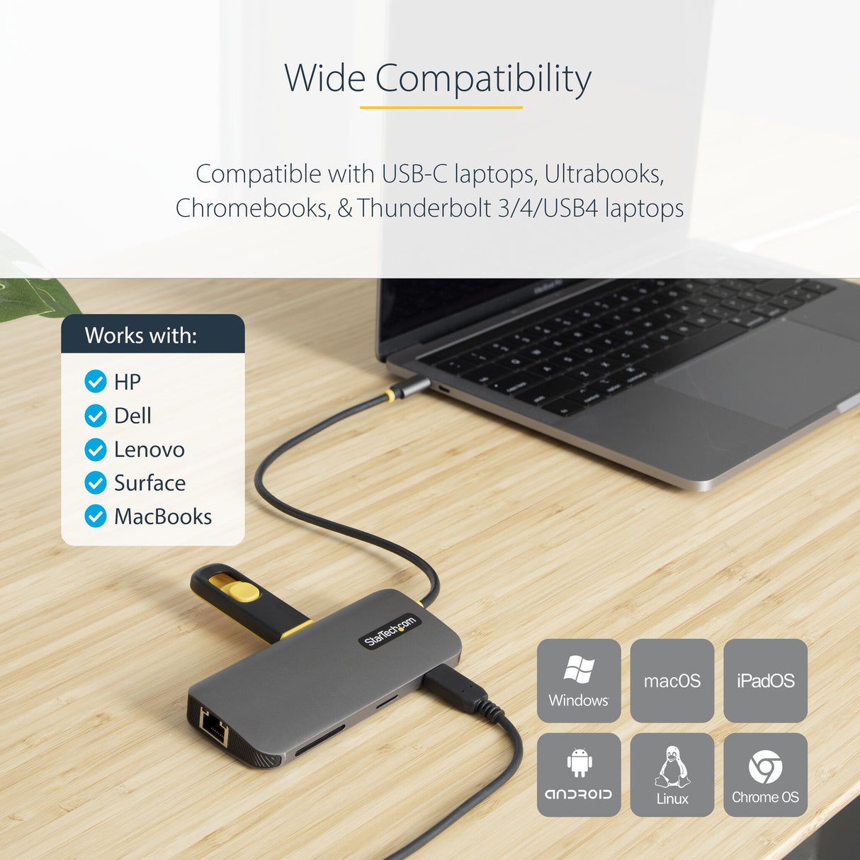 StarTech.com USB C Multiport Adapter 4K 60Hz HDMI Video, 3 Port 5Gbps USB-A Hub, 100W USB Power Delivery Pass-Through/GbE/SD/MicroSD, 12"/30cm Cable, Travel Laptop Docking Station