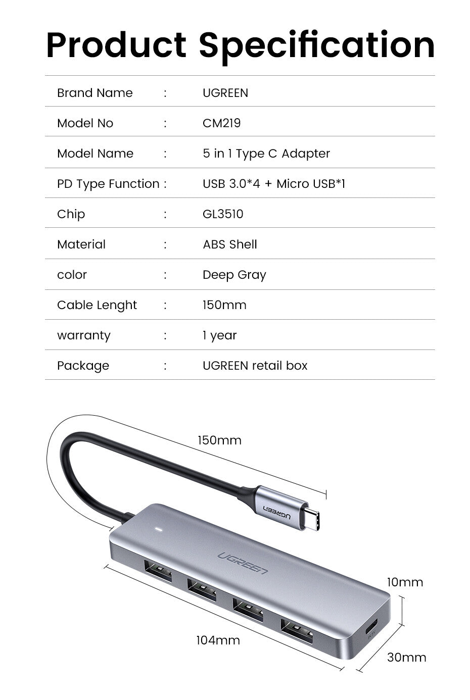 Ugreen 70336 interface hub USB 3.2 Gen 1 (3.1 Gen 1) Type-C 5000 Mbit/s