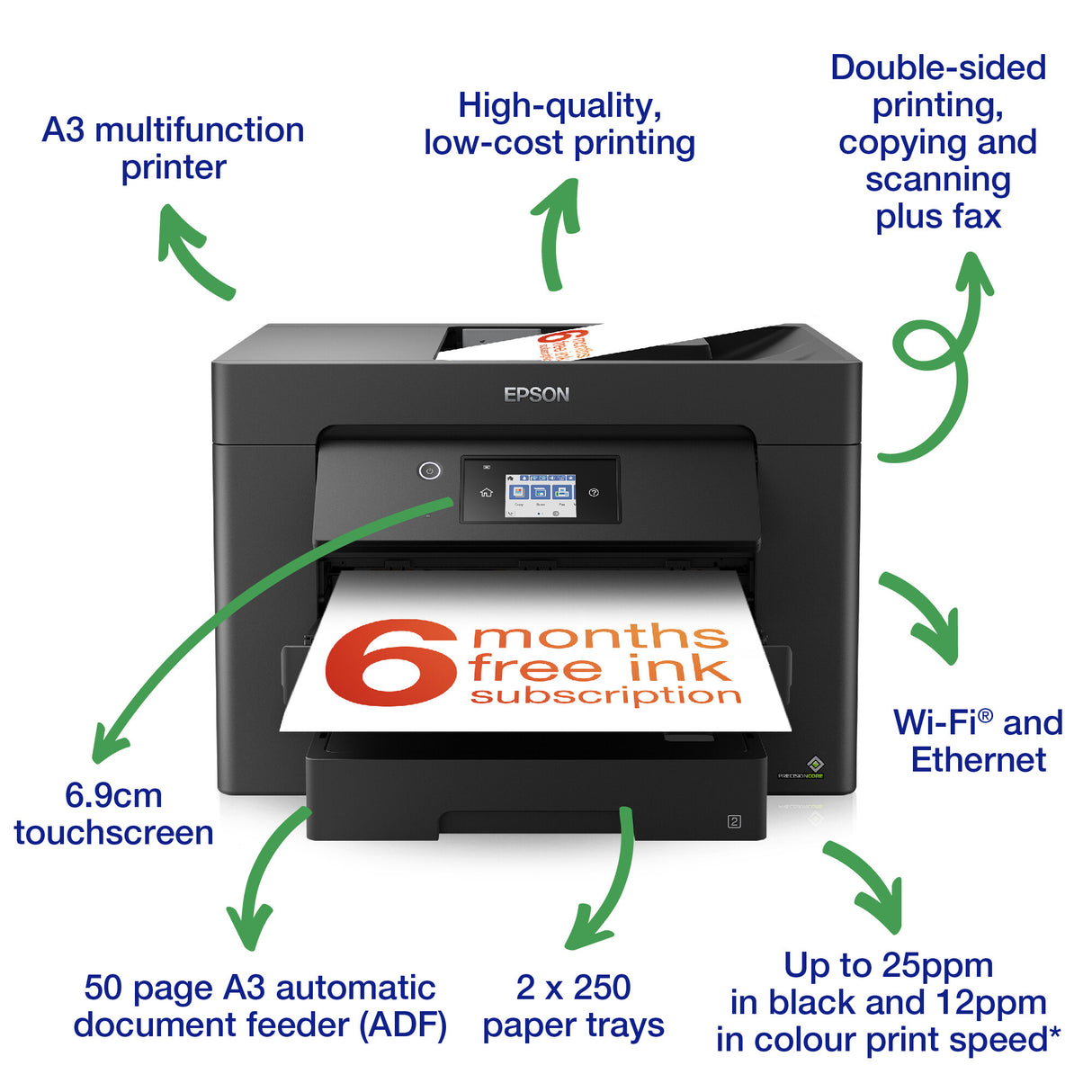 Epson Workforce WF-7830DTWF C11CH68401 Impresora de inyección de tinta, A3, Dúplex, Inalámbrica, Ethernet, Todo en Uno, Fax, Color