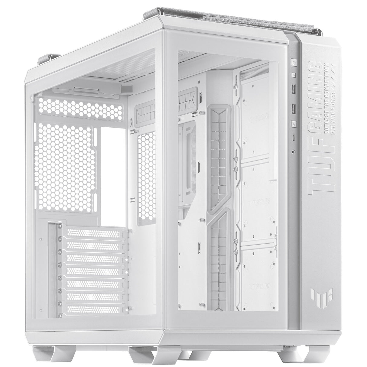 Asus TUF Gaming GT502 Boîtier avec fenêtre avant et latérale en verre, ATX, double chambre, conception modulaire, bouton de commande LED, USB-C, poignées de transport, blanc