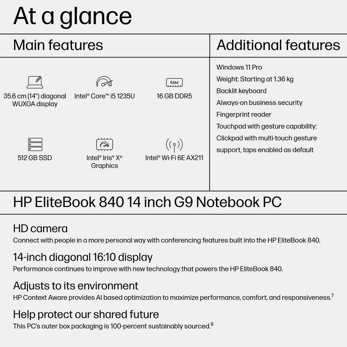 HP EliteBook 840 14 G9 Intel® Core™ i5 i5-1235U Laptop 35.6 cm (14") WUXGA 16 GB DDR5-SDRAM 512 GB SSD Wi-Fi 6E (802.11ax) Windows 11 Pro Silver