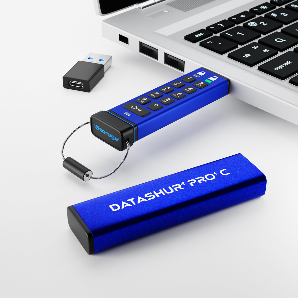 iStorage datAshur PRO+C 512GB | Secure USB Type-C Memory Stick | FIPS 140-3 Level 3 pending | PIN protected | Type C-A adapter included.