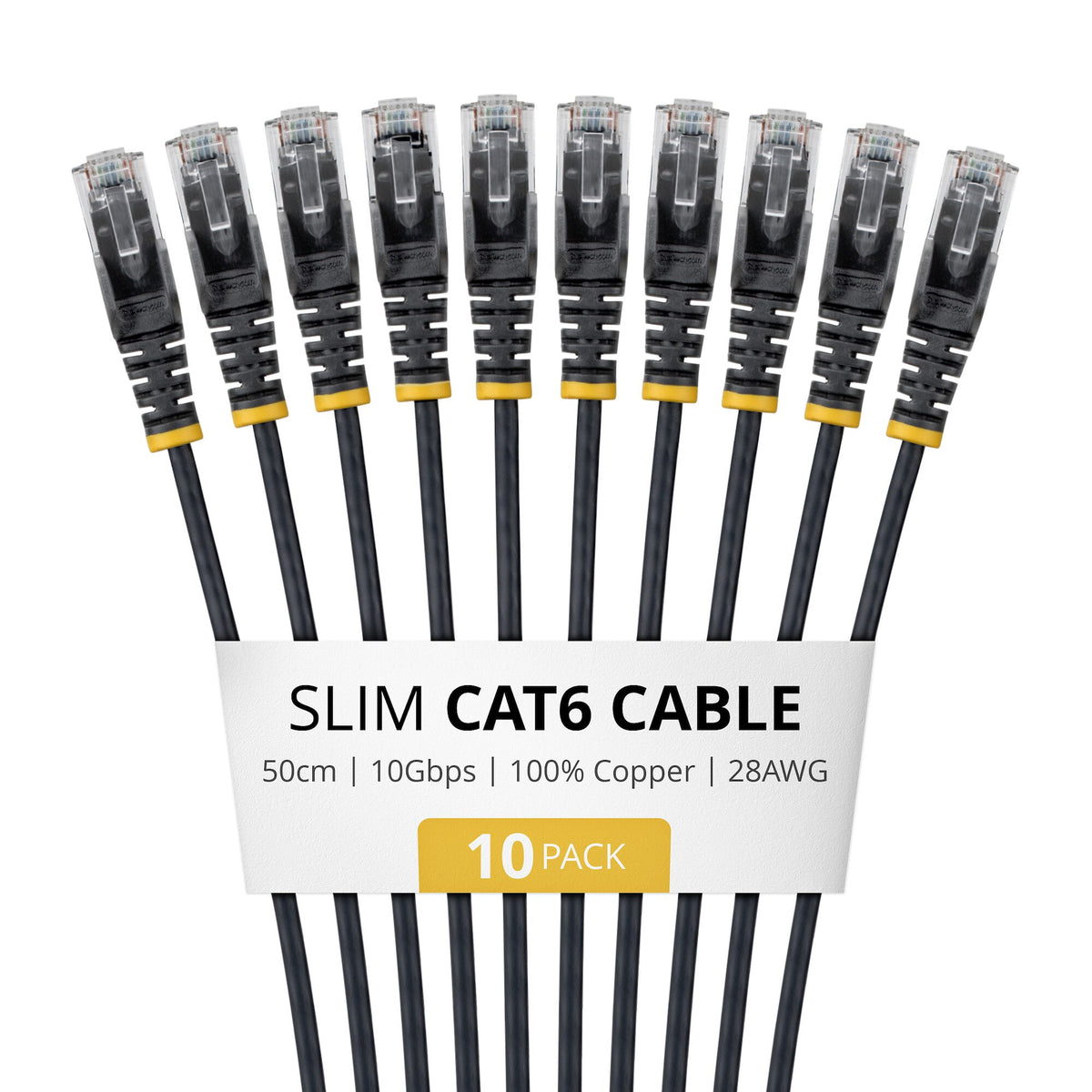 StarTech.com 50cm Black Slim CAT6 Cable, 10 Pack, Snagless, 100W PoE, UTP, LSZH, 28AWG Pure Bare Copper Wire, Slim RJ45 Network Patch Cord w/Strain Reliefs, Individually Tested