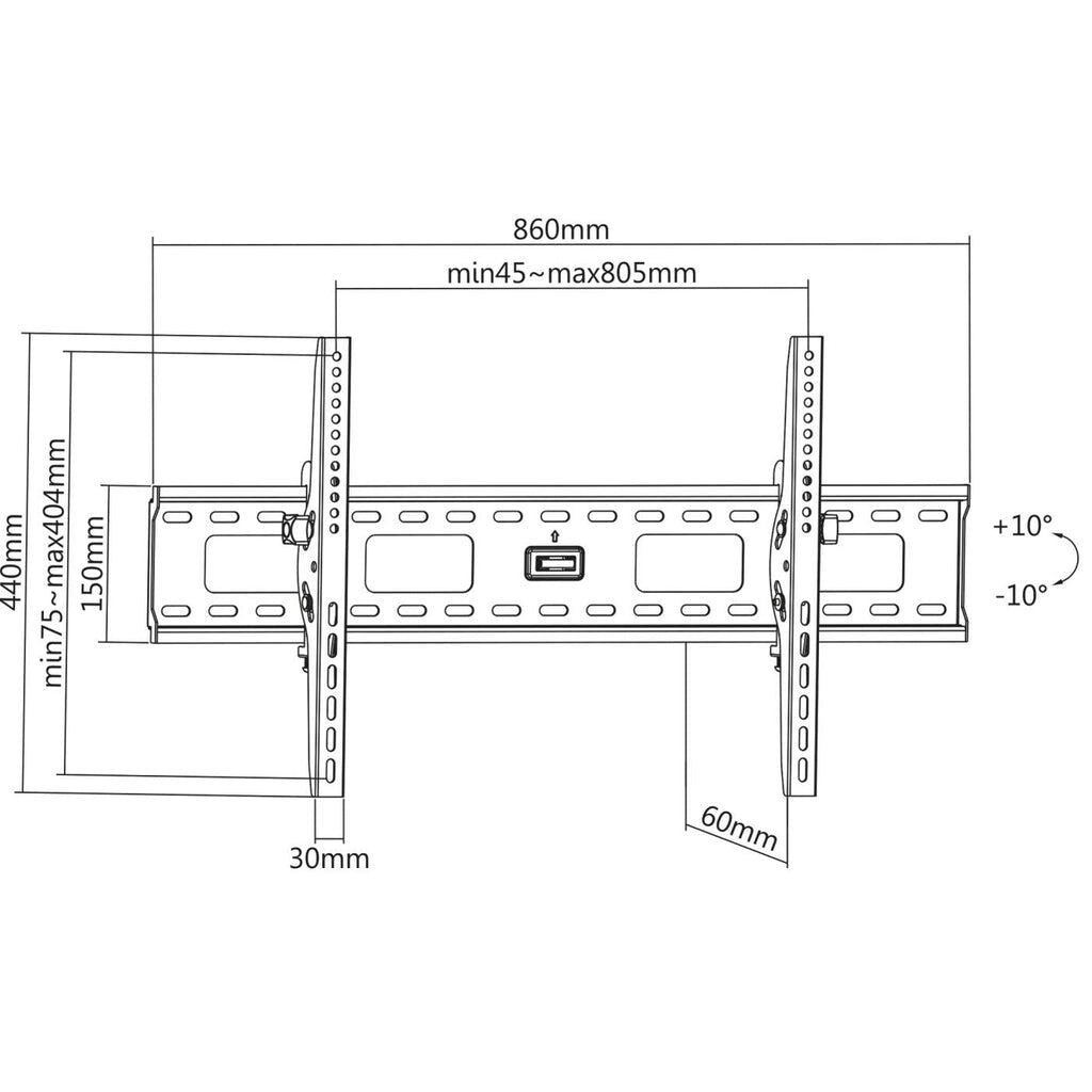 Manhattan Wall Mount for TV & Monitors (Tiltable), For screens 37" to 75", VESA compatability: all between 200x200mm and 800x400mm - check the dimensions of the four mounting holes on back of screen to ensure it fits, Max 75kg, Black, Bracket