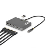 StarTech.com USB-C to Quad-Monitor Workstation Adapter, 4K 60Hz DisplayPort, 140W PD Passthrough for Laptop Charging, USB Port for Wireless Keyboard / Mouse, TAA
