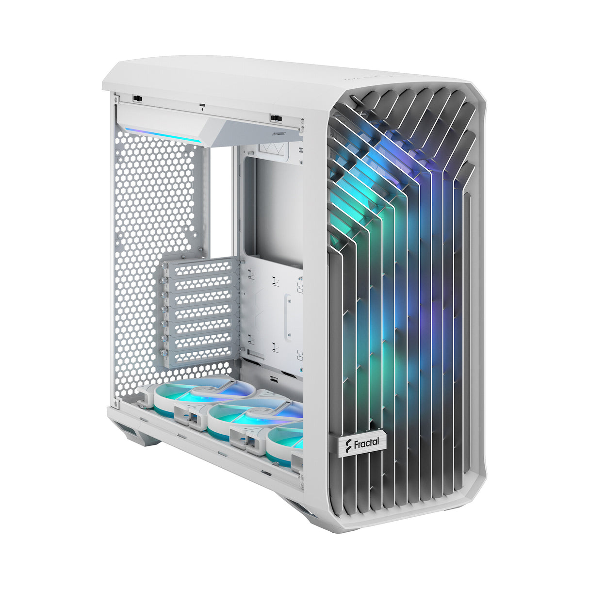 Fractal Design Torrent (White RGB TG) Estuche para juegos con ventana de vidrio transparente, E-ATX, 5 ventiladores ARGB, concentrador de ventilador, tira RGB en cubierta de fuente de alimentación, rejilla frontal, USB-C
