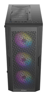 Caja ANTEC AX20, negra, torre media, 1 USB 3.0 / 2 USB 2.0, panel de ventana lateral de vidrio templado, barra inclinada y diseño de malla para flujo de aire masivo, 3 ventiladores LED RGB incluidos, ATX, Micro ATX, Mini-ITX