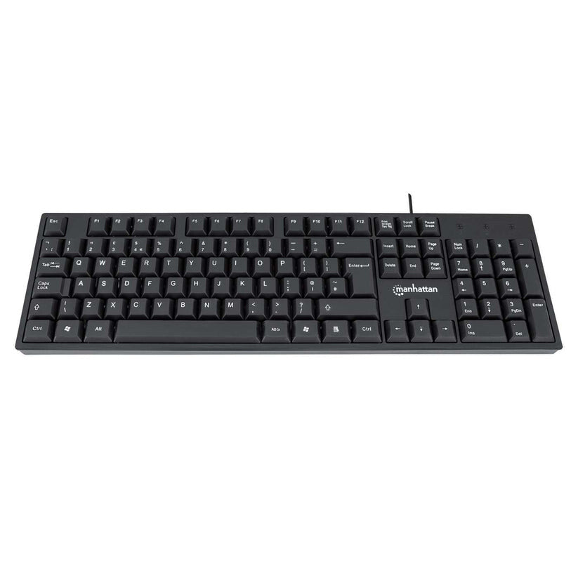 Manhattan Keyboard UK USB Wired, Standard Qwerty layout, Black, Full Size Keys, Cable 1.5m, USB-A connection, Plug and Play, Three Year Warranty, Retail Boxed