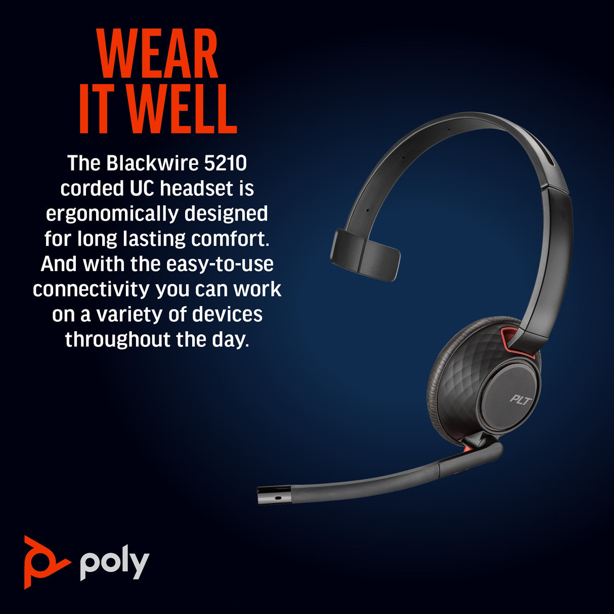 POLY Blackwire 5210 Monaural USB-C Headset +3.5mm Plug +USB-C/A Adapter