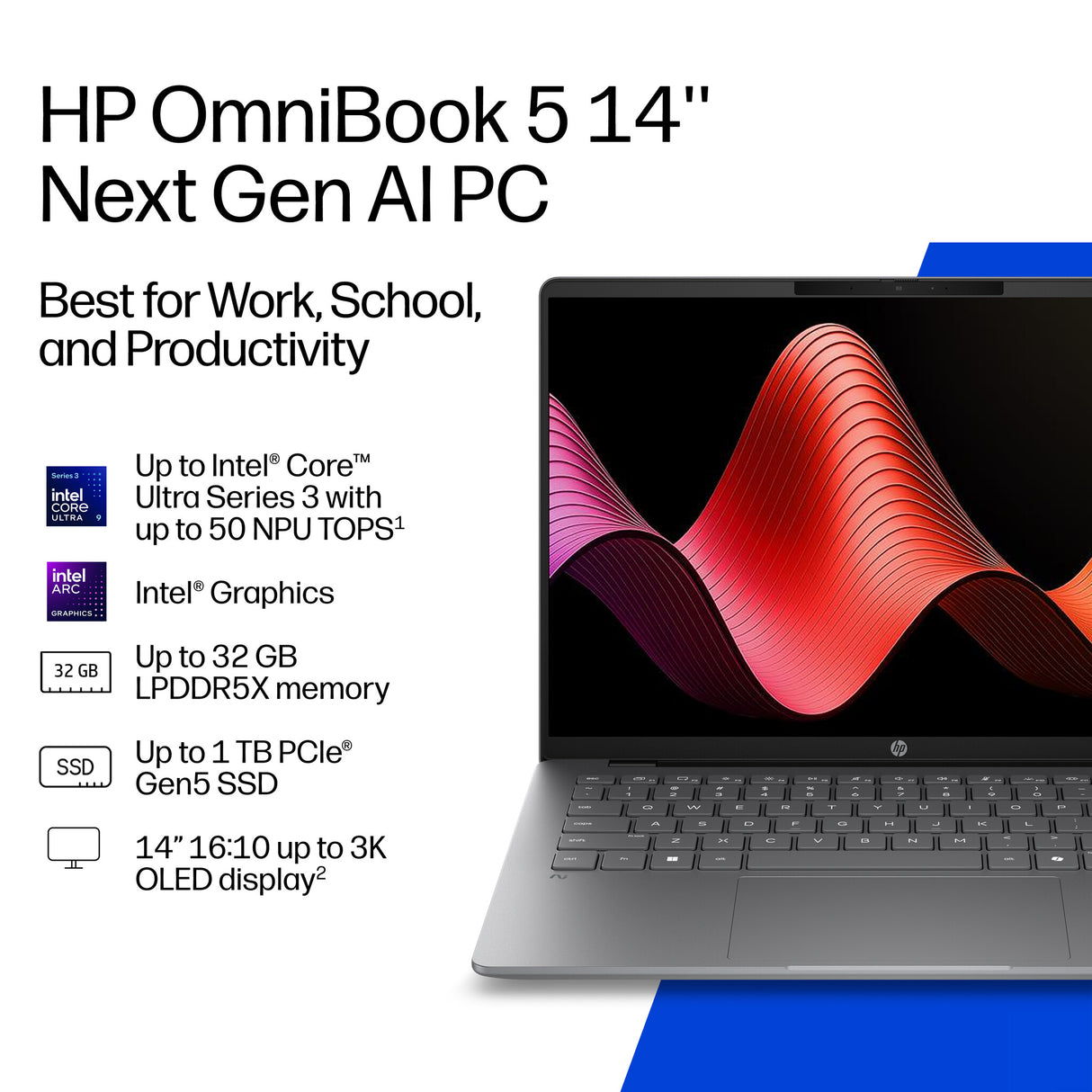 HP OmniBook 5 Laptop Next Gen AI 14-hh0500sa Copilot+ PC Intel Core Ultra 5 322 35.6 cm (14") 2K 16 GB LPDDR5x-SDRAM 512 GB SSD Wi-Fi 6 (802.11ax) Windows 11 Home Blue