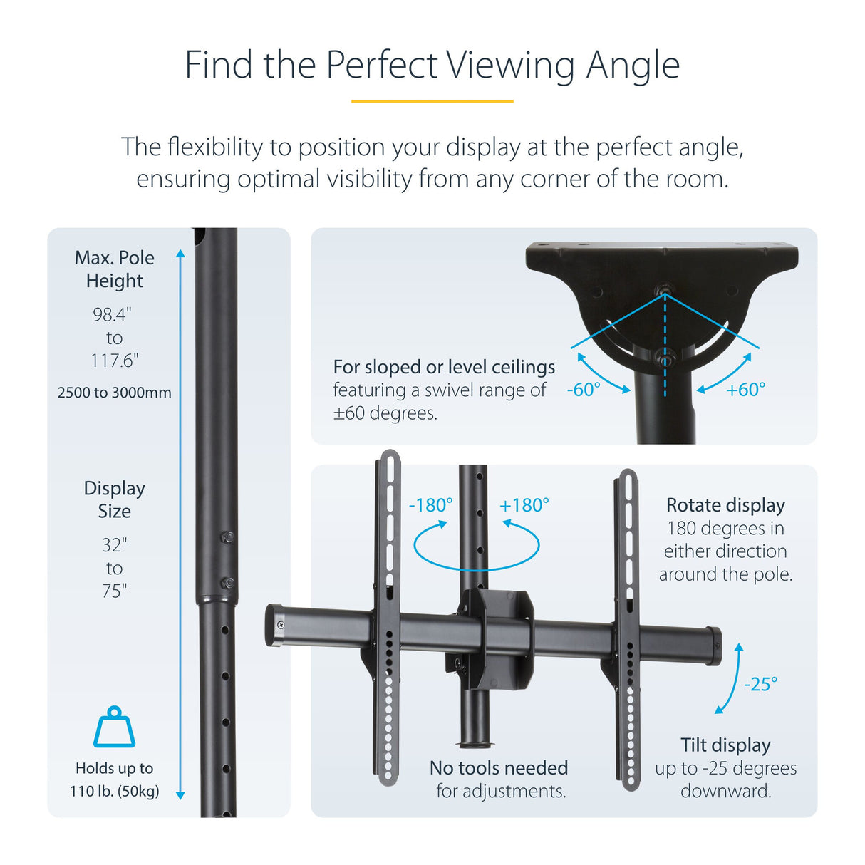 StarTech.com TV Ceiling Mount - Full-Motion Universal Hanging Single Screen Mount with Adjustable Telescopic Long Pole - Tilt / Swivel - VESA Bracket for 32”-75" Displays