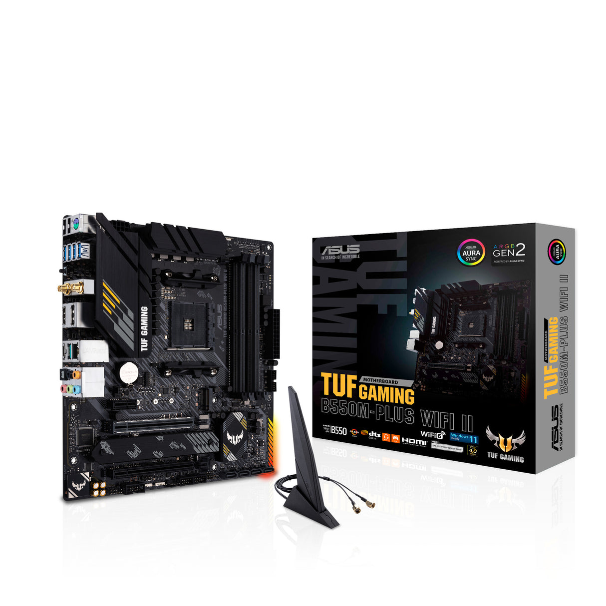 Asus TUF GAMING B550M-PLUS WIFI II, AMD B550, AM4, Micro ATX, 4 DDR4, HDMI, DP, AX Wi-Fi, 2,5 Go LAN, PCIe4, RVB, 2x M.2