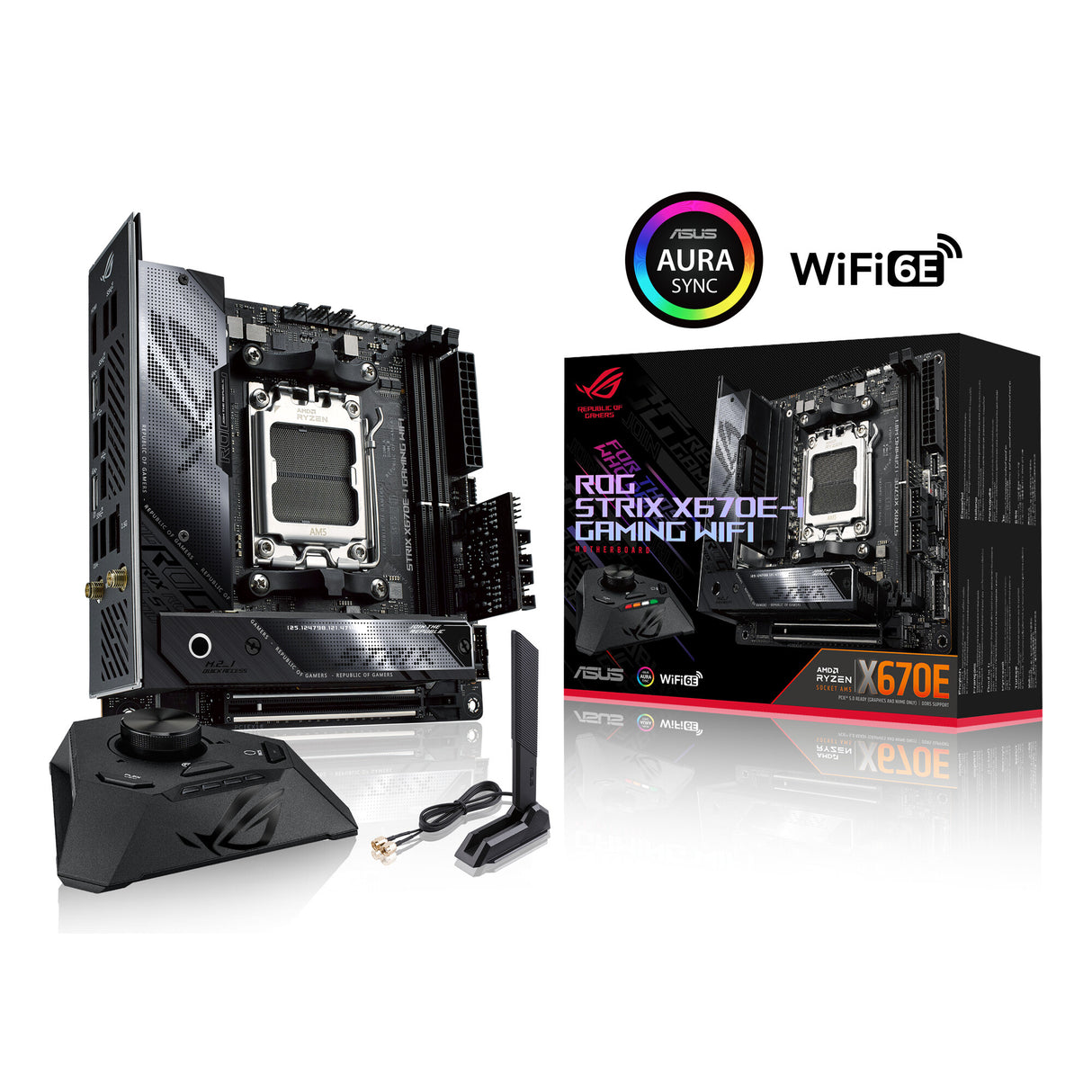 Asus ROG STRIX X670E-I GAMING WIFI, AMD X670, AM5, Mini ITX, 2 DDR5, HDMI, 2 USB4, Wi-Fi 6E, LAN 2,5G, PCIe5, RVB, 2x M.2, ROG Strix Hive et FPS-II Carte