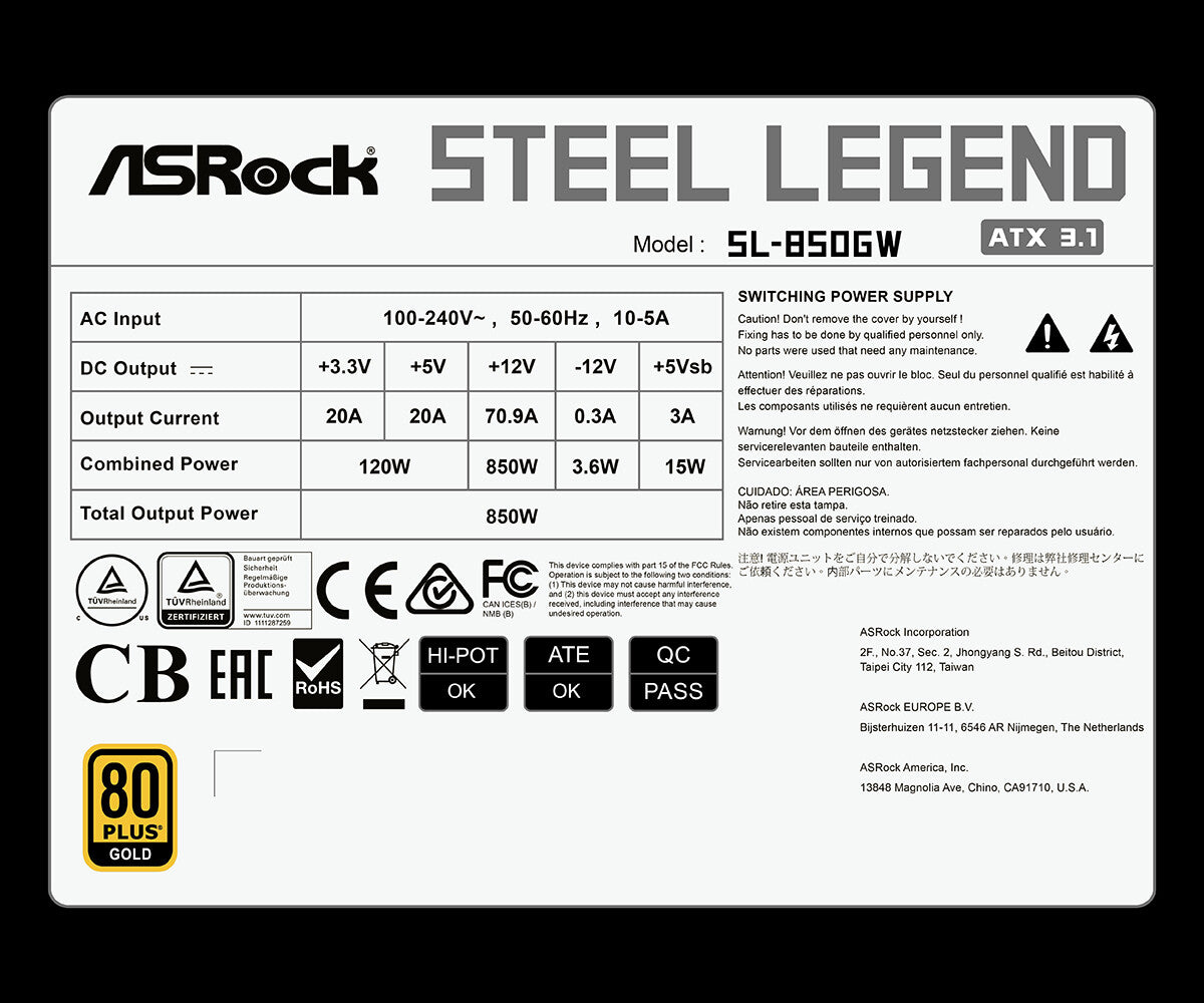 Asrock SL-850GW power supply unit 850 W 24-pin ATX ATX White