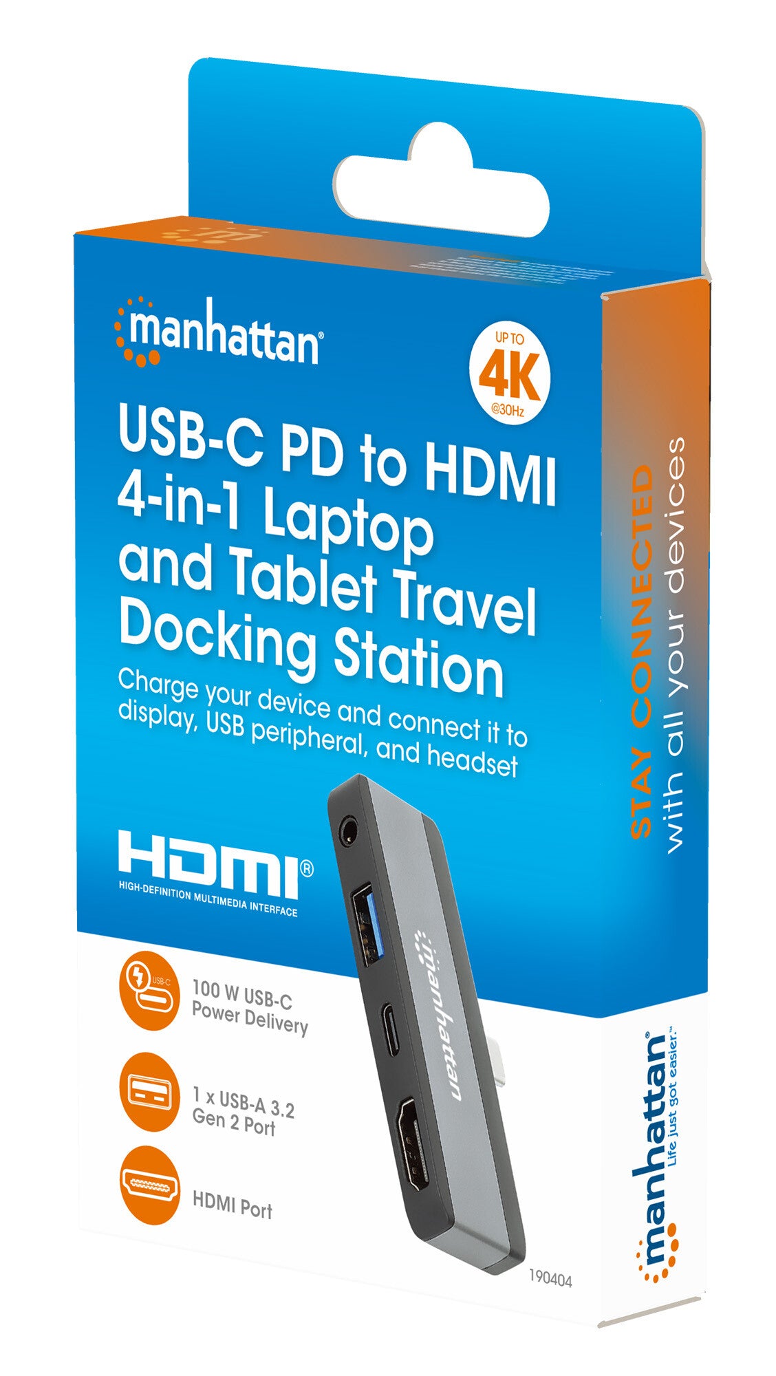 Manhattan USB-C Travel Dock/Hub, Ports (x4): HDMI, USB-A, USB-C and 3.5mm audio, With Power Delivery (100W) to USB-C Port, USB powered (no external power supply required)