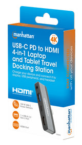 Manhattan USB-C Travel Dock/Hub, Ports (x4): HDMI, USB-A, USB-C and 3.5mm audio, With Power Delivery (100W) to USB-C Port, USB powered (no external power supply required)
