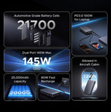 Ugreen 20000mAh Power Bank 145W 1C1A with Built-in USB-C Cable