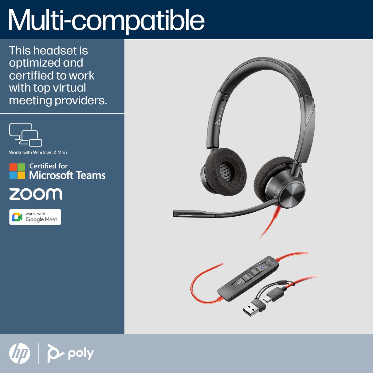 POLY Blackwire 3320 Stereo Microsoft Teams Certified USB-C Headset +USB-C/A Adapter