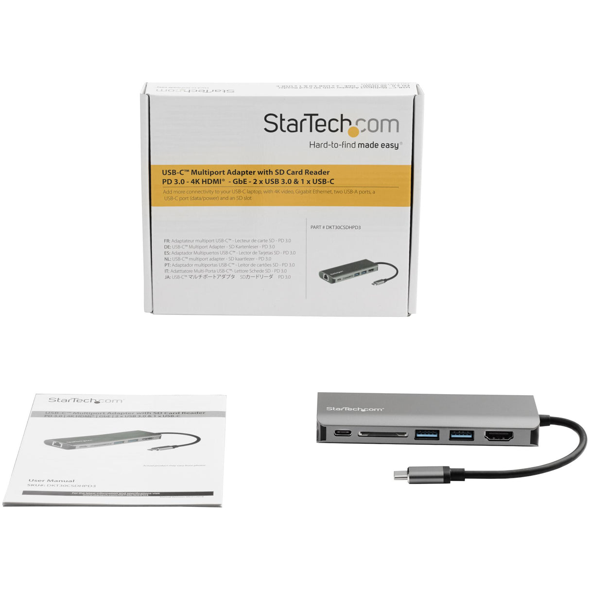 StarTech.com USB C Multiport Adapter - USB-C Travel Dock to 4K HDMI, 3x USB 3.0 Hub, SD/SDHC, GbE, 60W PD 3.0 Pass-Through - USB Type-C/Thunderbolt 3 - Replaces DKT30CSDHPD