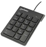 Manhattan Numeric Keypad, Wired, USB-A, 18 Full Size Keys, Black, Membrane Key Switches, Windows and Mac, Three Year Warranty