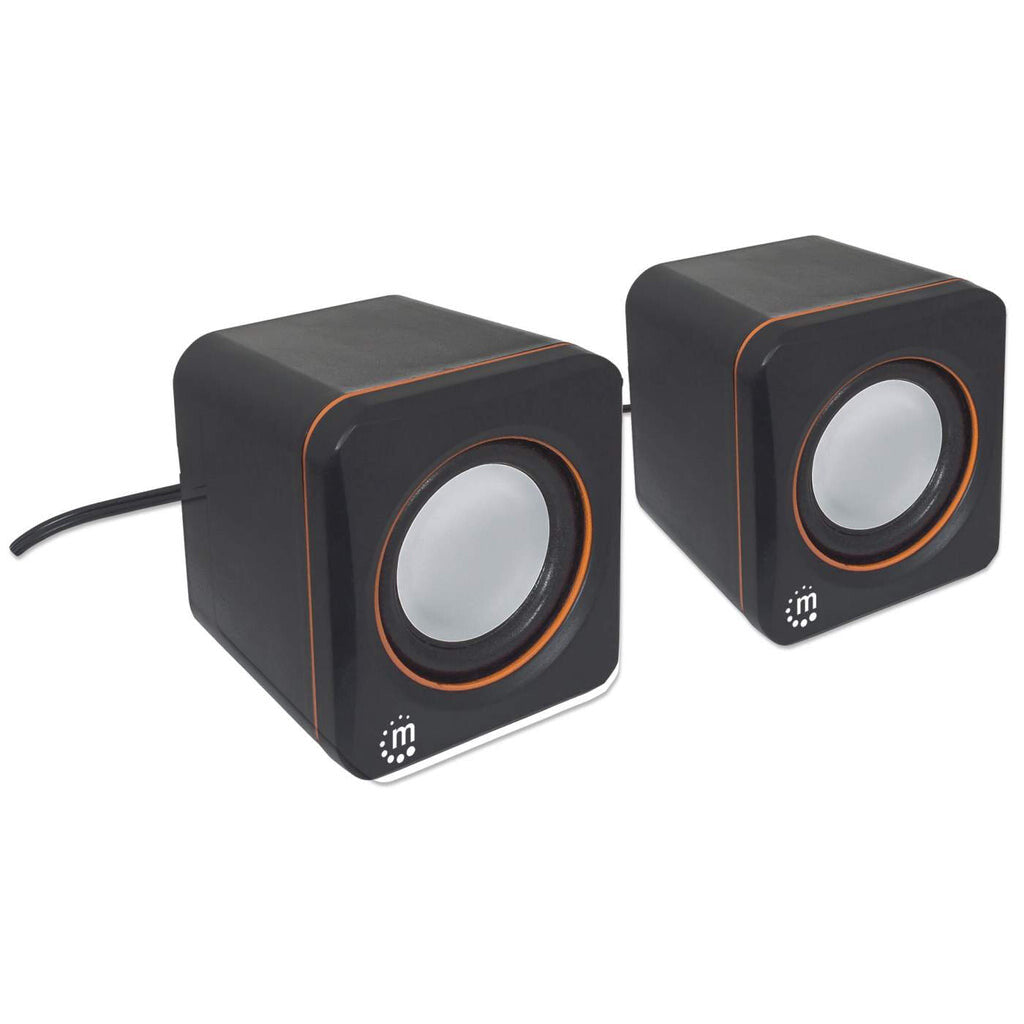 Manhattan 2600 Series Speaker System, Small Size, Big Sound, Two Speakers, Stereo, USB power, Output: 2x 3W, 3.5mm plug for sound, In-Line volume control, Cable 0.9m, Black, Three Year Warranty
