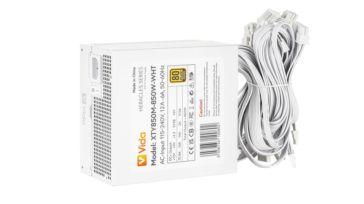 VIDA 850W Heracles White ATX 3.1 Gaming PSU, 80+ Bronze, 140mm Ultra-Quiet FDM Fan, Flat White Cables, PCIe 5.1, Power Lead Not Included power supply unit 24-pin ATX