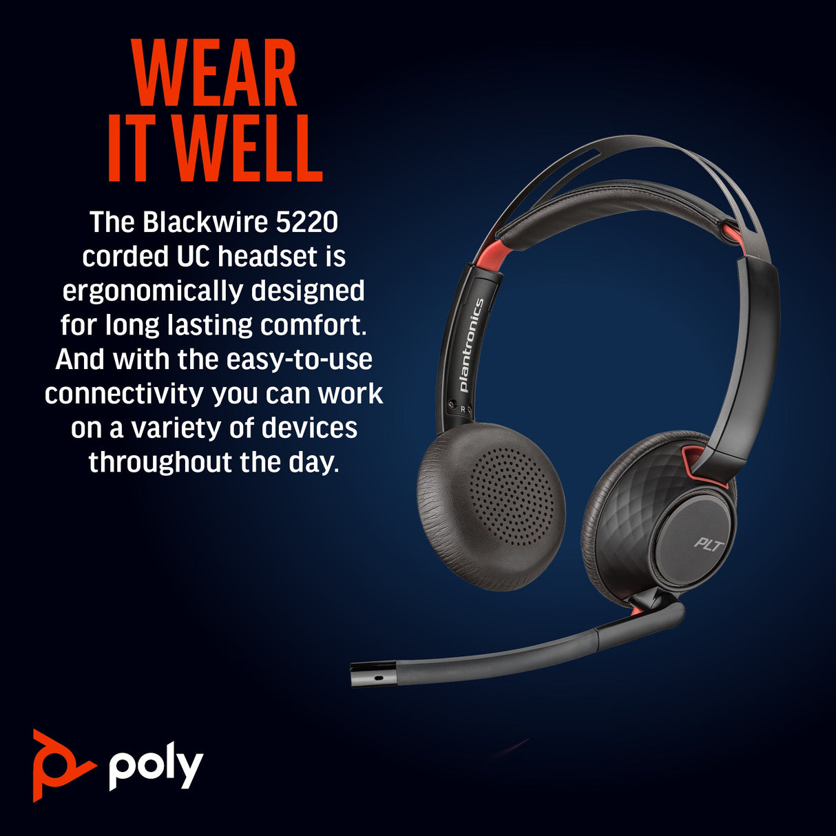 POLY Blackwire 5220 Stereo USB-C Headset +3.5mm Plug +USB-C/A Adapter