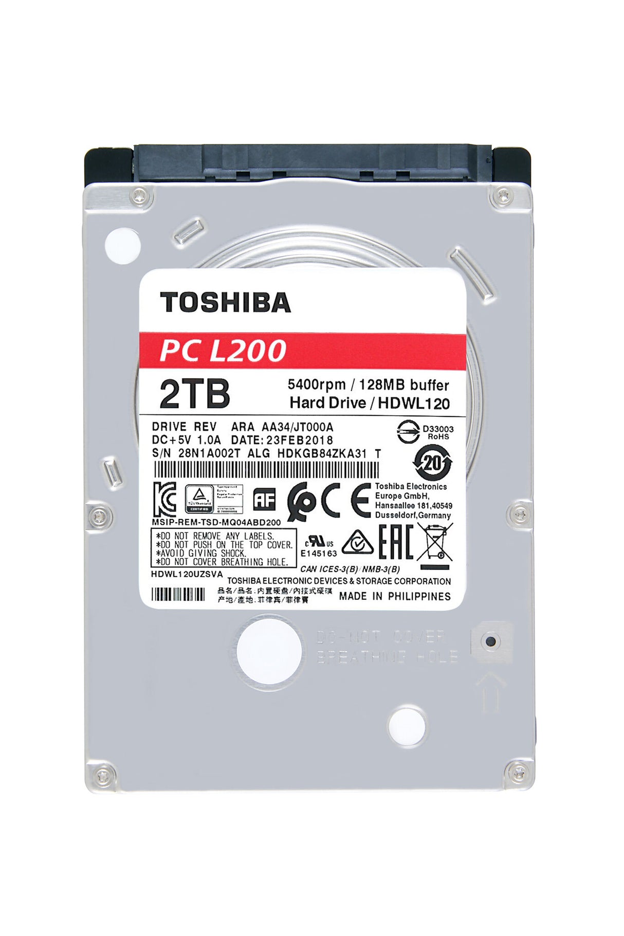 Disco duro interno Toshiba L200 HDWL120UZSVA 2TB SATA Iil 5400RPM 2,5 pulgadas 9,5 mm