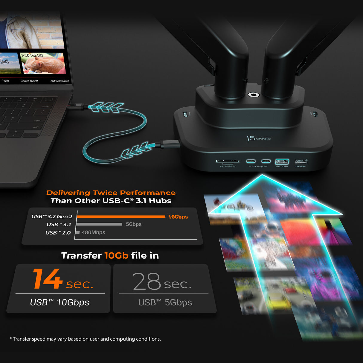 j5create JTSA302 Ergonomic Dual-Monitor Mount with Docking Station, Black