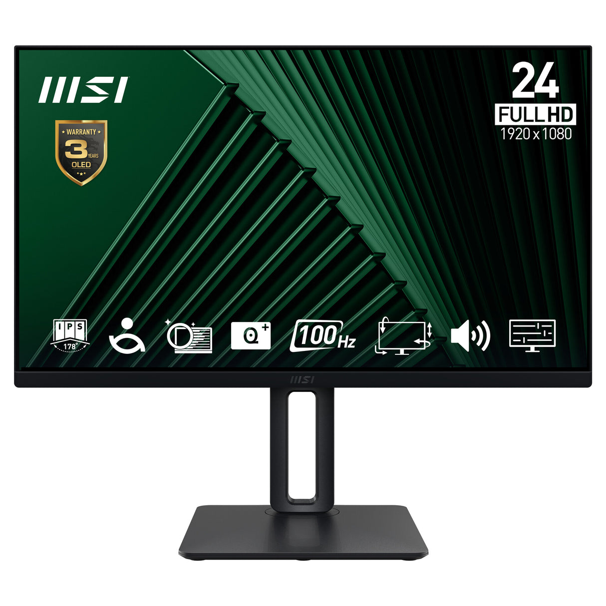 MSI Pro MP245PG 24 Inch Monitor, FHD (1920 x 1080), 100Hz, IPS, 1ms, 1x HDMI 1.4b, 1x DP 1.2a output, 1x D-Sub(VGA), Built-in Speakers, Anti-Glare, Anti-Flicker, Less Blue light, TÜV Certified, VESA, Kensington, 4-way adjustable stand, Black