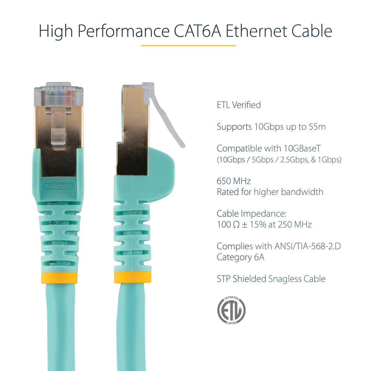 StarTech.com 1m CAT6a Ethernet Cable - 10 Gigabit Shielded Snagless RJ45 100W PoE Patch Cord - 10GbE STP Network Cable w/Strain Relief - Aqua Fluke Tested/Wiring is UL Certified/TIA